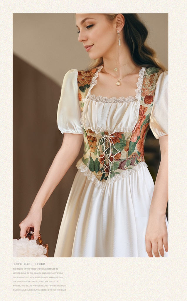 Elegant Cottage Style Princess Dresses Woman Vintage Chic Painting Corset Dress